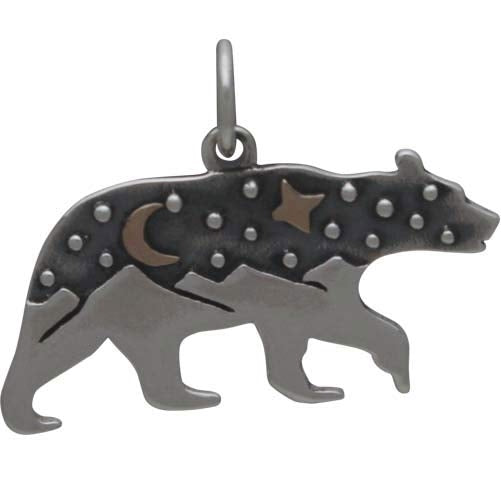 Silver Bear Charm with Mountains and Bronze Moon 16x22mm