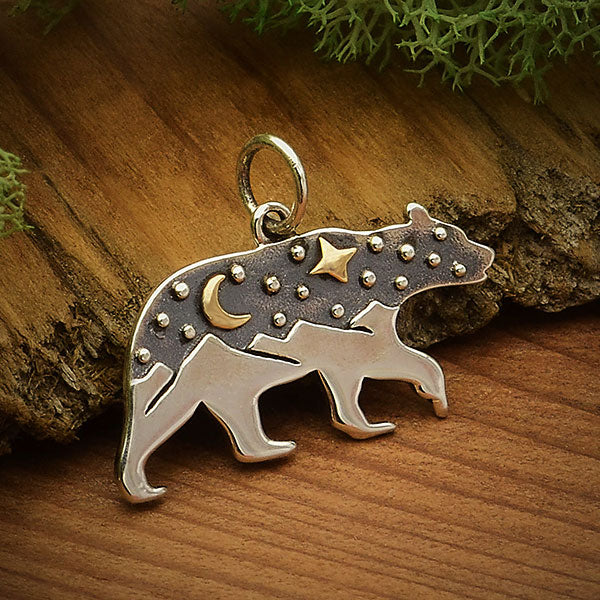 Silver Bear Charm with Mountains and Bronze Moon 16x22mm