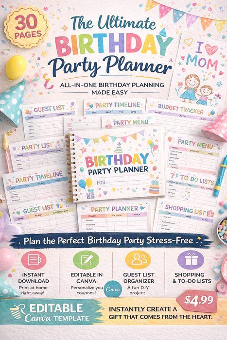 Birthday Party Planner | 30-Page Canva Template