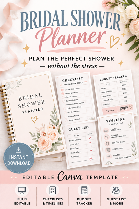 Bridal Shower Planner Printable - Editable Canva Template