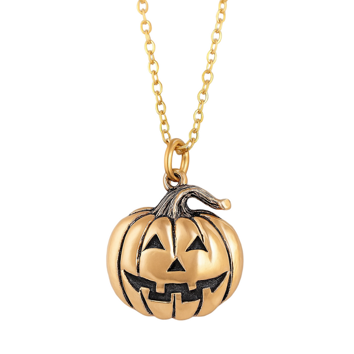 Bronze Jack O’ Lantern Charm Necklace – Halloween Pendant on 18" Gold Filled Chain