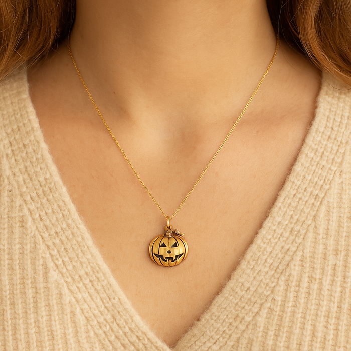 Bronze Jack O’ Lantern Charm Necklace – Halloween Pendant on 18" Gold Filled Chain