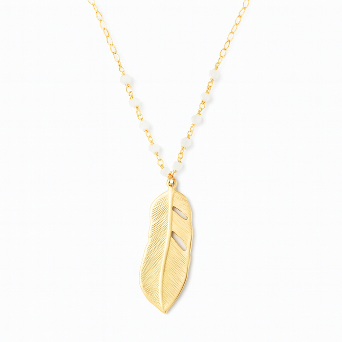 As Seen on Fuller House – Gold Feather & Moonstone Necklace, 24 Inch