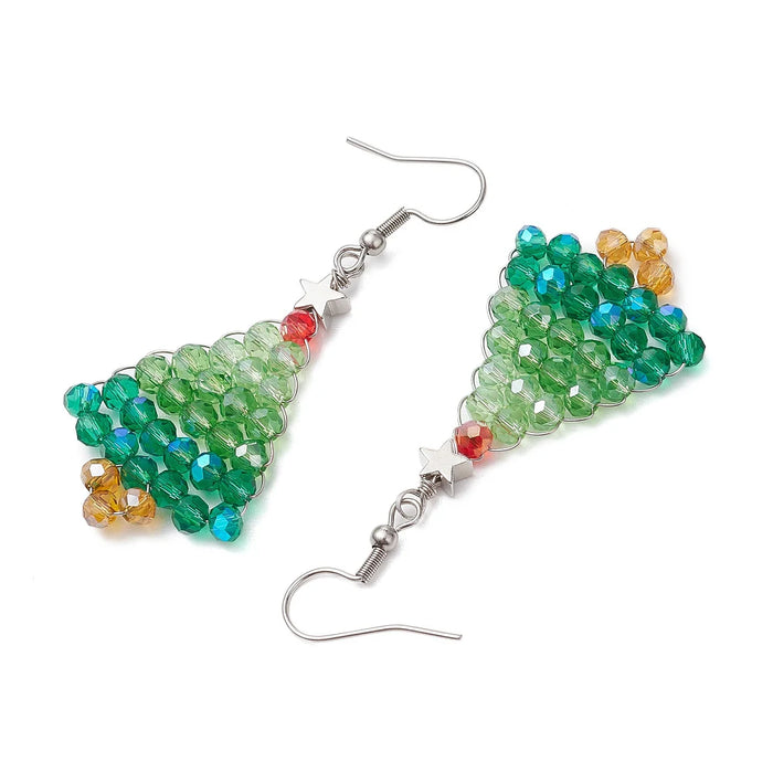 Christmas Tree Beaded Earrings – Handmade Holiday Jewelry with Star & Stainless Steel Hooks