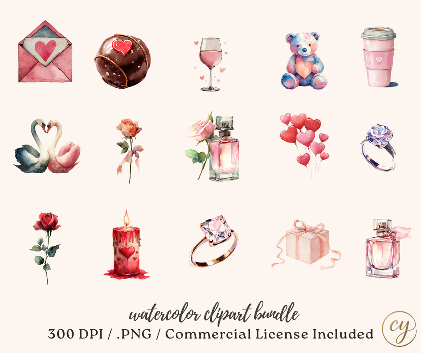 Modern Love Valentine’s Clip Art Bundle – 69 Watercolor PNGs