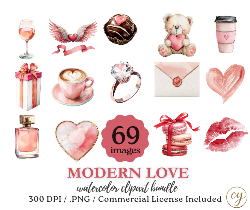 Modern Love Valentine’s Clip Art Bundle – 69 Watercolor PNGs