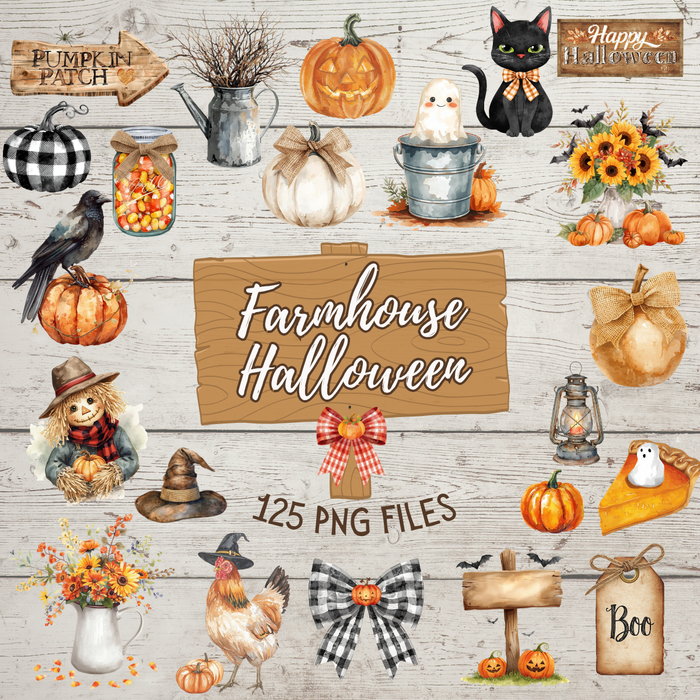 Farmhouse Halloween Clipart Bundle – 125 Watercolor PNGs – Rustic Fall Pumpkins, Ghosts, Cats, Sunflowers & More (300 DPI, Instant Download)