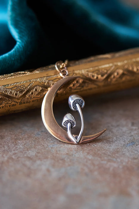 Forager Mushroom Moon Necklace – Sterling Silver & Bronze Pendant, 18" Gold Filled Chain, Handmade in Raleigh