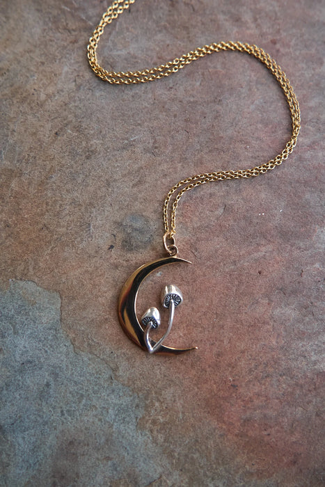 Forager Mushroom Moon Necklace – Sterling Silver & Bronze Pendant, 18" Gold Filled Chain, Handmade in Raleigh