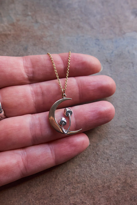 Forager Mushroom Moon Necklace – Sterling Silver & Bronze Pendant, 18" Gold Filled Chain, Handmade in Raleigh