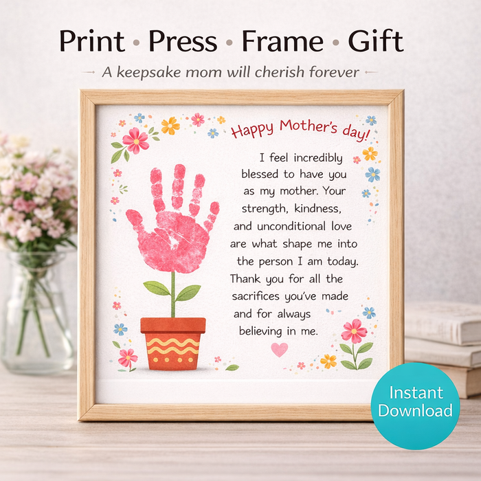 Mother’s Day Handprint Flower Printable Gift | Kids DIY Keepsake Art | Instant Download Mom Gift | Preschool Craft | Handprint Template