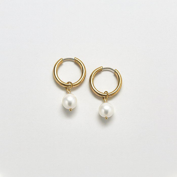 Gold Huggie Hoops with Freshwater Pearls – Handcrafted Bronze Hoops, Sterling Earwires, 14mm