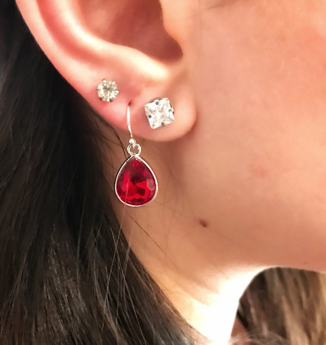 January Birthstone Earrings – Garnet Red Crystal Teardrop Earrings in Sterling Silver