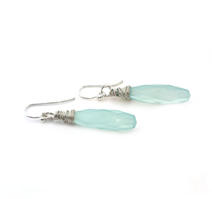 Aqua Chalcedony Long Briolette Wire Wrapped Earrings