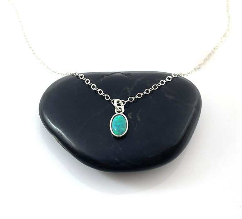 Tiny Opal Necklace – Dainty 16" Sterling Silver Chain with Oval Charm