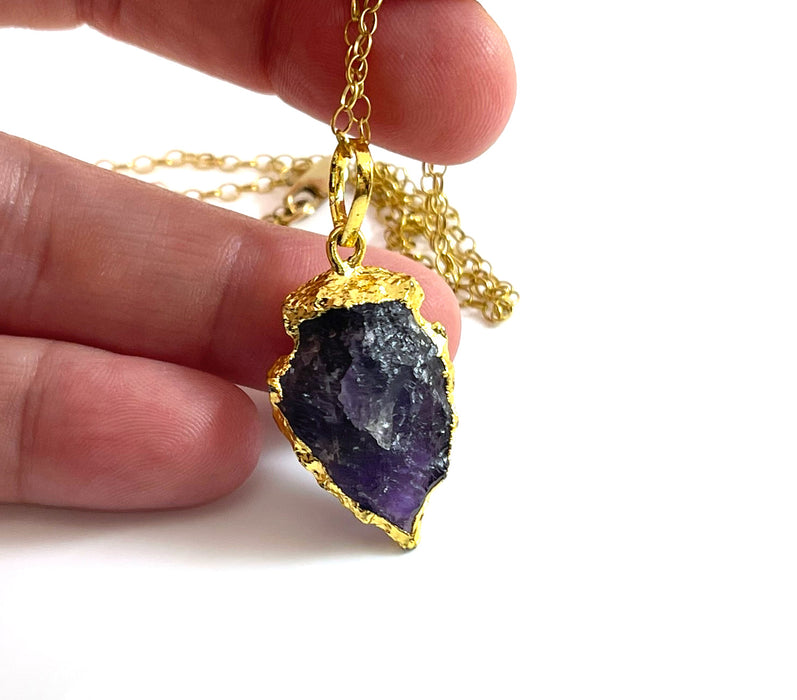 Amethyst Arrowhead Necklace – Gold Edged Crystal on 20" Gold Filled Chain