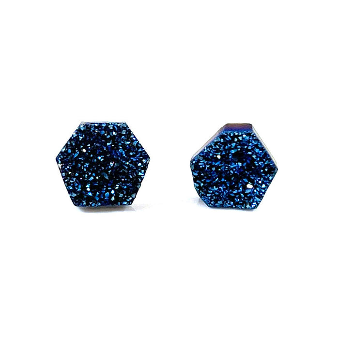 Natural Druzy Hexagon Stud Earrings – Sterling Silver Posts, 9–10mm