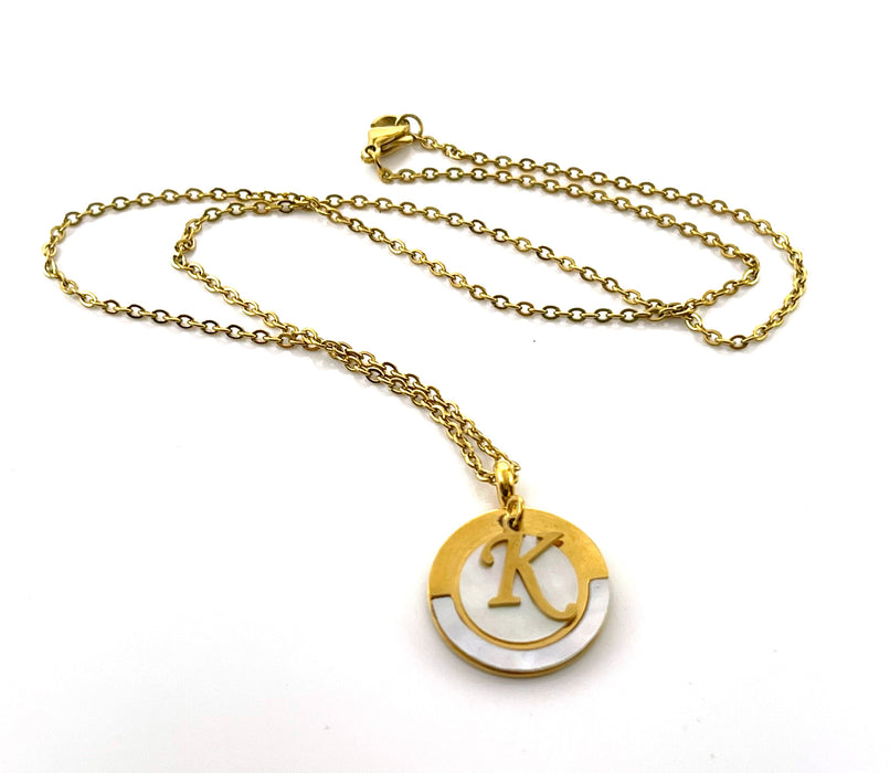 Vintage Mother of Pearl K Initial Necklace – Gold Pendant on 18" Chain