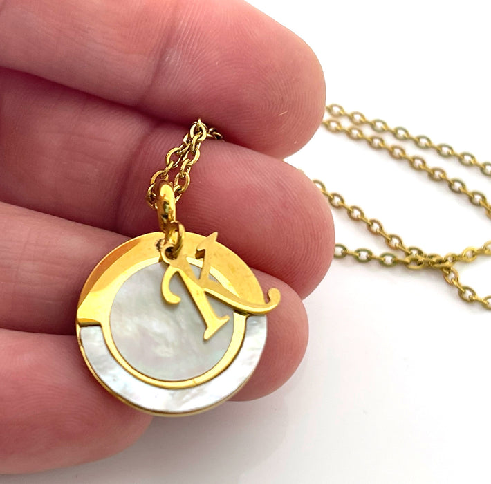 Vintage Mother of Pearl K Initial Necklace – Gold Pendant on 18" Chain