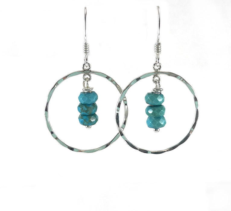 Hammered Sterling Silver Circle Earrings with Turquoise Trio – Handmade, 1” Dangle