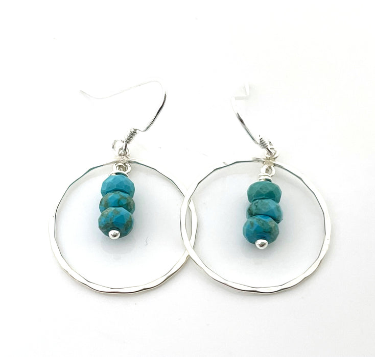 Hammered Sterling Silver Circle Earrings with Turquoise Trio – Handmade, 1” Dangle
