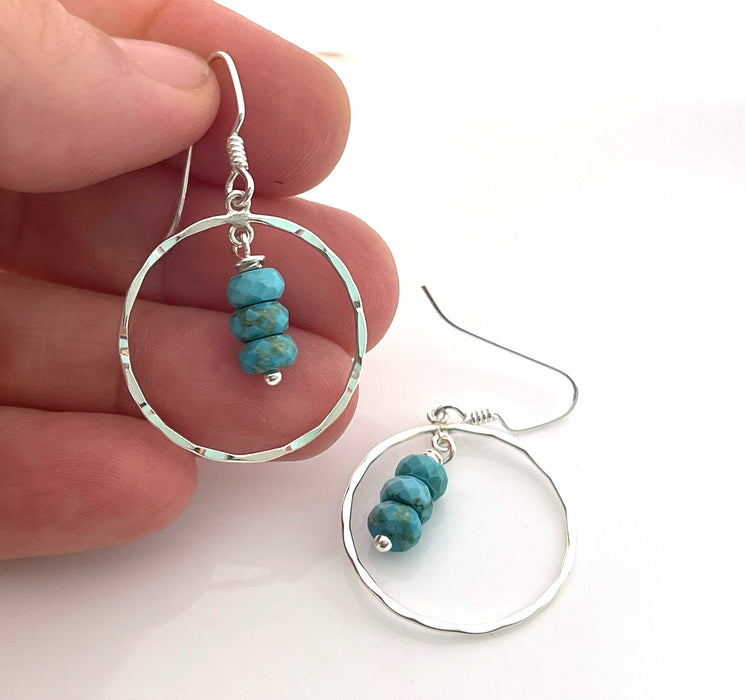 Hammered Sterling Silver Circle Earrings with Turquoise Trio – Handmade, 1” Dangle