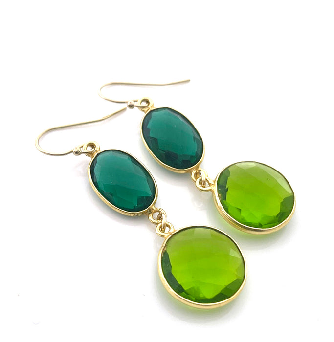 Green Envy Earrings – Peridot & Emerald Hydro Quartz, 14k Gold Fill, Handmade (2”)