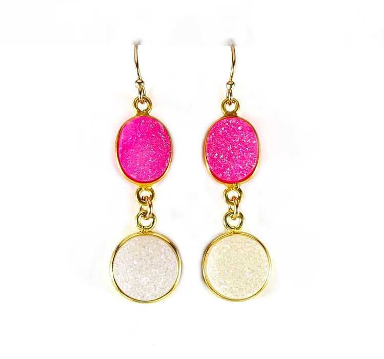 Hot Pink & White Druzy Double Drop Earrings – 14k Gold Filled, 1.5”