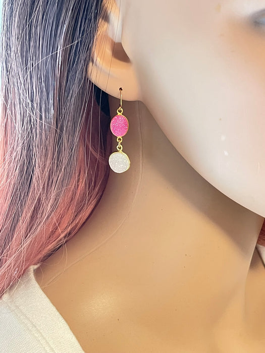 Hot Pink & White Druzy Double Drop Earrings – 14k Gold Filled, 1.5”