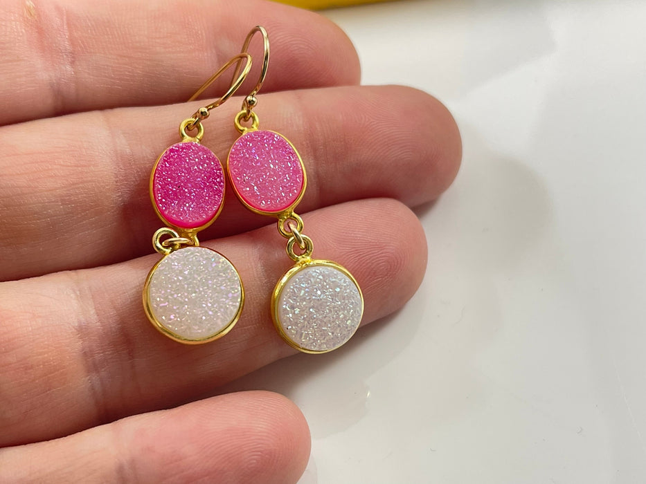 Hot Pink & White Druzy Double Drop Earrings – 14k Gold Filled, 1.5”