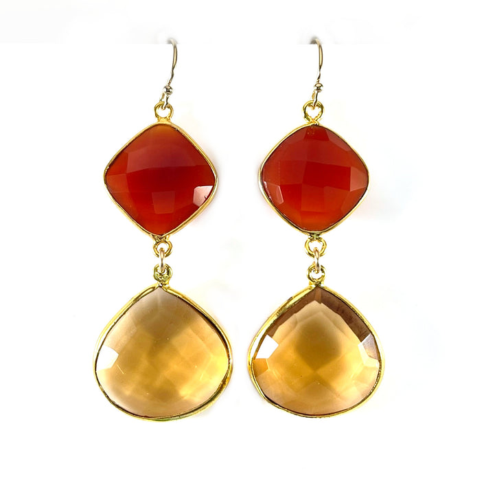 Carnelian & Amber Topaz Drop Earrings – 14k Gold Filled, Sunset Ombre, 2”