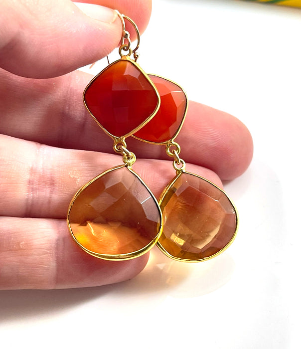 Carnelian & Amber Topaz Drop Earrings – 14k Gold Filled, Sunset Ombre, 2”
