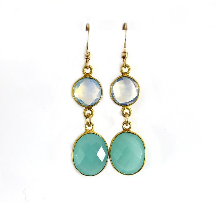 Opalite & Aqua Chalcedony Drop Earrings – 14k Gold Filled, 1.5”