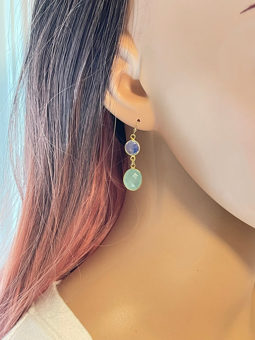 Opalite & Aqua Chalcedony Drop Earrings – 14k Gold Filled, 1.5”
