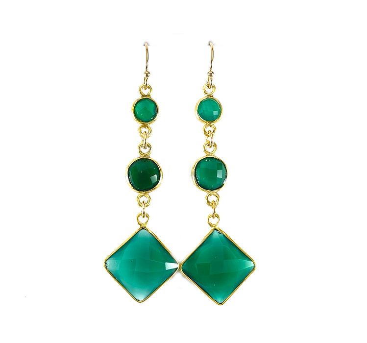 Green Onyx Triple Drop Earrings – 14k Gold Filled, 2.25” Elegant Gemstone Dangles