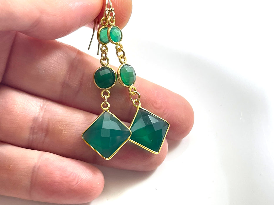 Green Onyx Triple Drop Earrings – 14k Gold Filled, 2.25” Elegant Gemstone Dangles