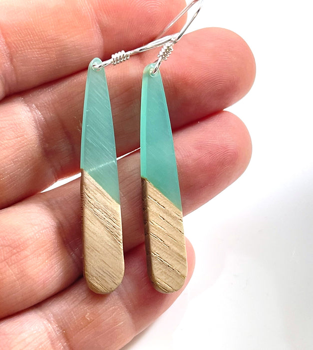 Upcycled Wood & Aqua Resin Drop Earrings – Sterling Silver, 2” Eco Minimalist