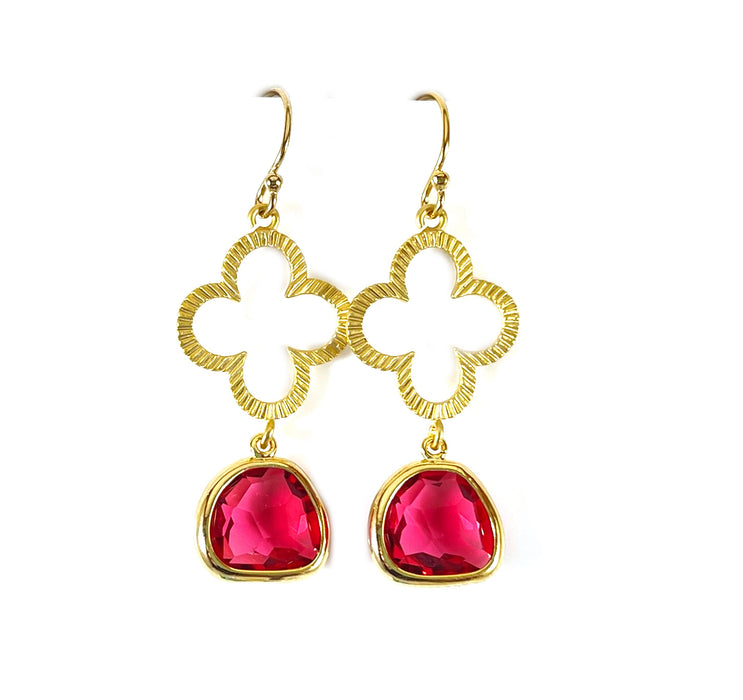 Open Clover & Ruby Red Glass Drop Earrings – 14k Gold Filled, 1.5” Statement Dangles