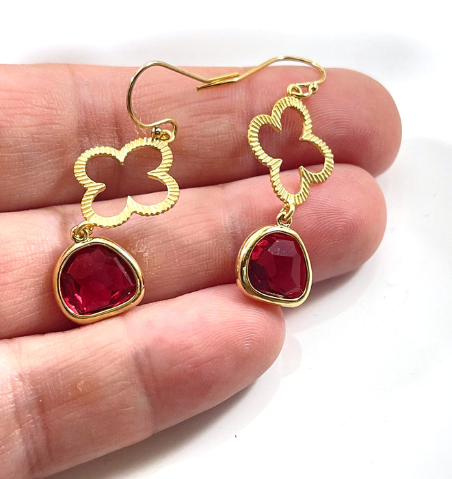 Open Clover & Ruby Red Glass Drop Earrings – 14k Gold Filled, 1.5” Statement Dangles