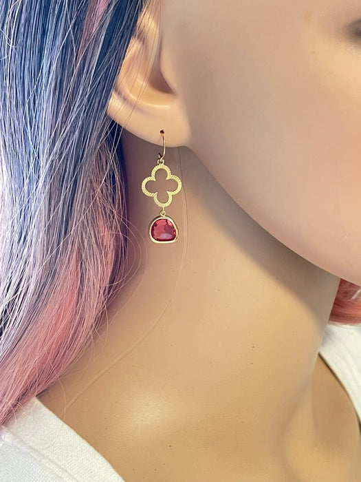 Open Clover & Ruby Red Glass Drop Earrings – 14k Gold Filled, 1.5” Statement Dangles