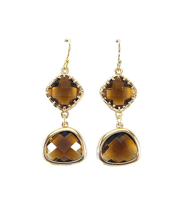 Faceted Topaz Glass Drop Earrings – 14k Gold Filled, 1.5” Vintage-Inspired Dangles