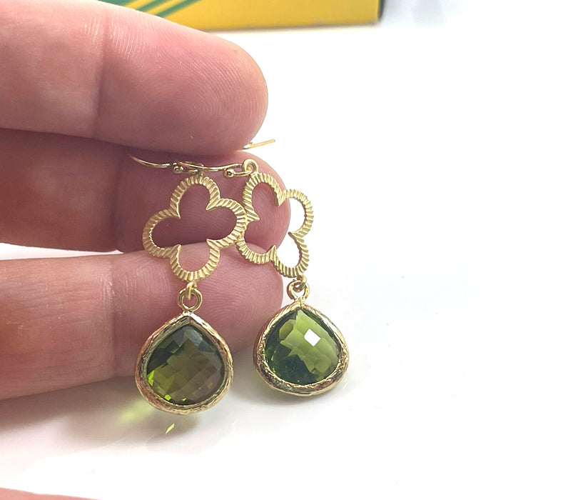 Olivine Glass & Gold Clover Drop Earrings – 14k Gold Filled, 1.75” Dangle