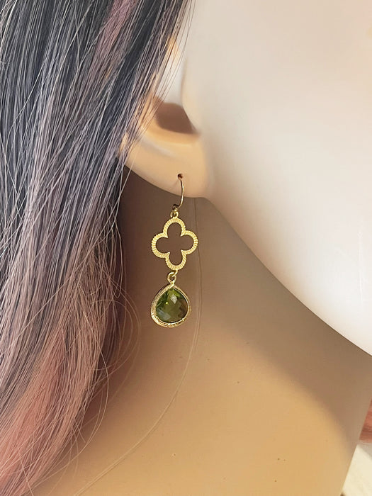 Olivine Glass & Gold Clover Drop Earrings – 14k Gold Filled, 1.75” Dangle