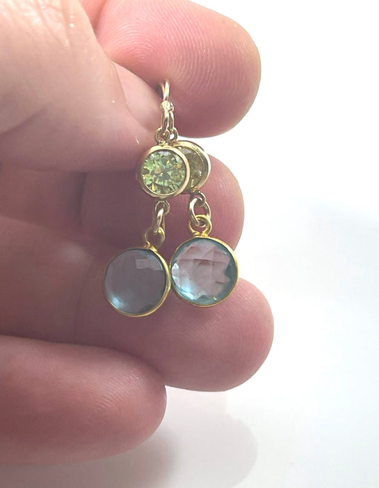 Aqua Hydro Quartz & Peridot Crystal Drop Earrings – 14k Gold Filled, Dainty 1.25”