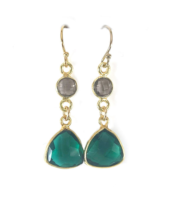 Smoky Quartz & Emerald Hydro Quartz Drop Earrings – 14k Gold Filled, 1.25”