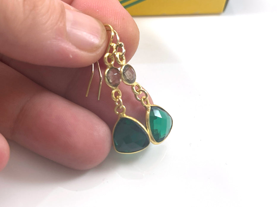 Smoky Quartz & Emerald Hydro Quartz Drop Earrings – 14k Gold Filled, 1.25”