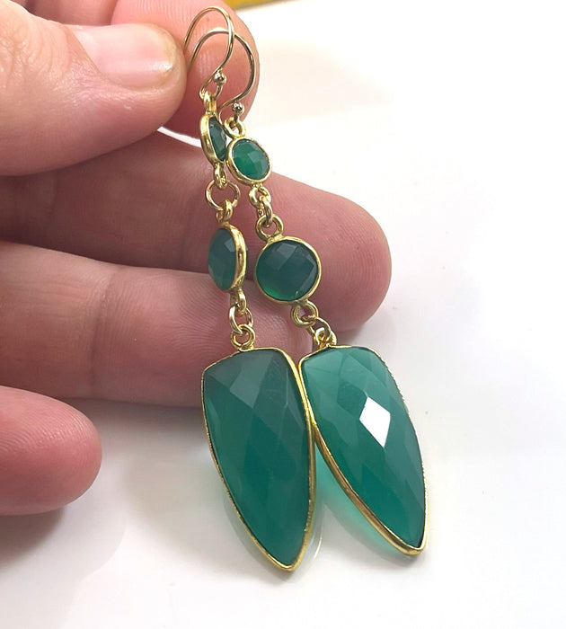 One of a Kind Green Onyx Gemstone Drop Earrings – 14k Gold Filled, 2.5” Statement Dangles