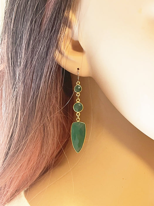 One of a Kind Green Onyx Gemstone Drop Earrings – 14k Gold Filled, 2.5” Statement Dangles