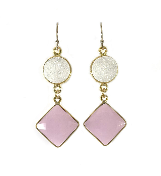 White Druzy & Rose Quartz Drop Earrings – 14k Gold Filled, 1.75” Gemstone Dangles