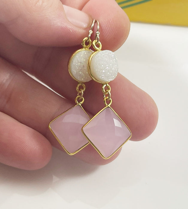 White Druzy & Rose Quartz Drop Earrings – 14k Gold Filled, 1.75” Gemstone Dangles